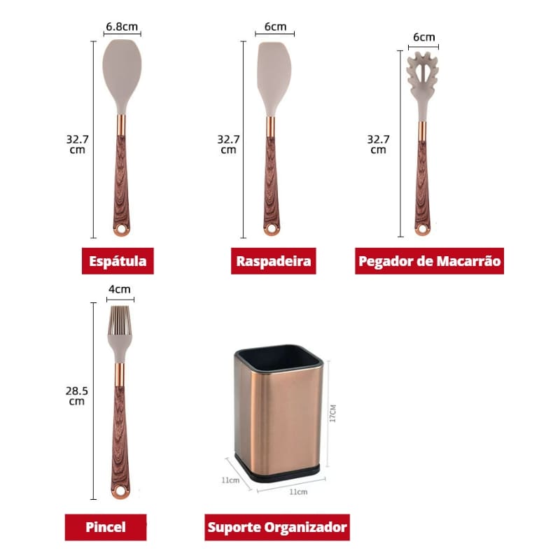 Kit Utensílios de Cozinha Silicone 10 Peças Com Organizador Rosé Elegance Home