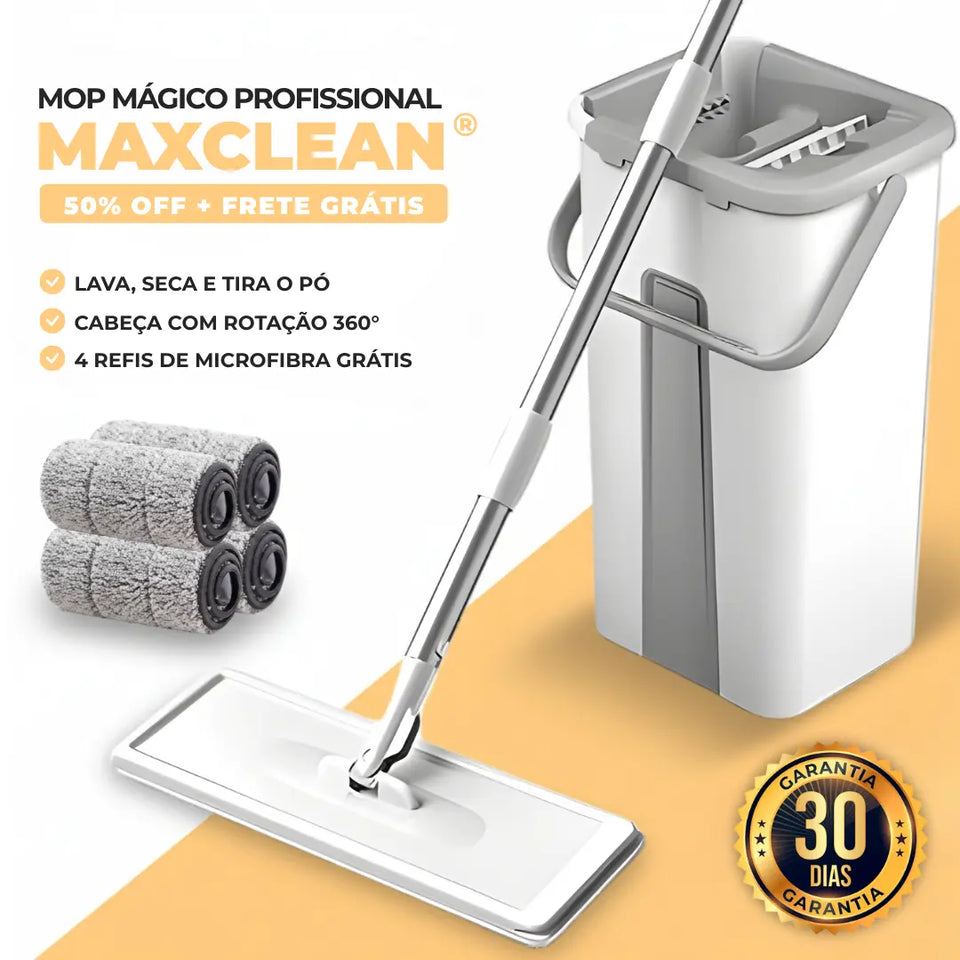 MaxClean® - Mop Mágico Profissional com Balde  - Lava, Seca e Tira o Pó  + 4 Refis de Brinde