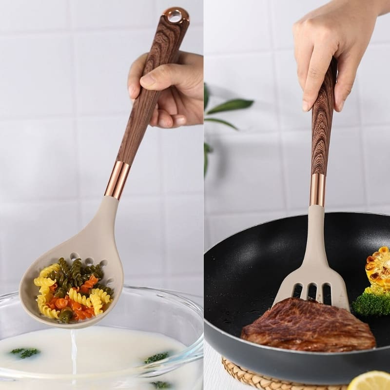 Kit Utensílios de Cozinha Silicone 10 Peças Com Organizador Rosé Elegance Home