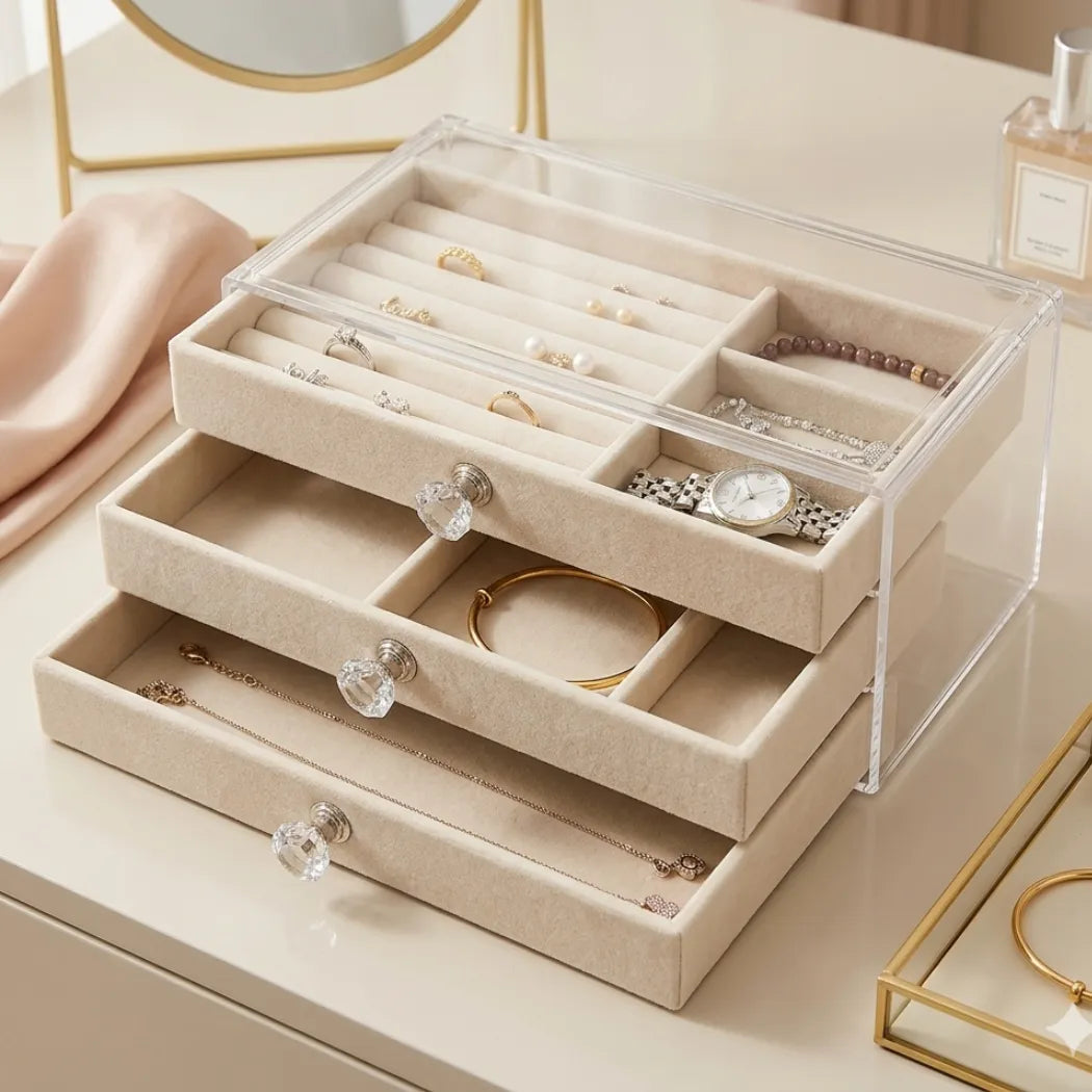 CrystalBox® – Organizador de Joias Premium com 3 Camadas (Protege, Organiza e Valoriza suas Peças) – Frete Grátis!