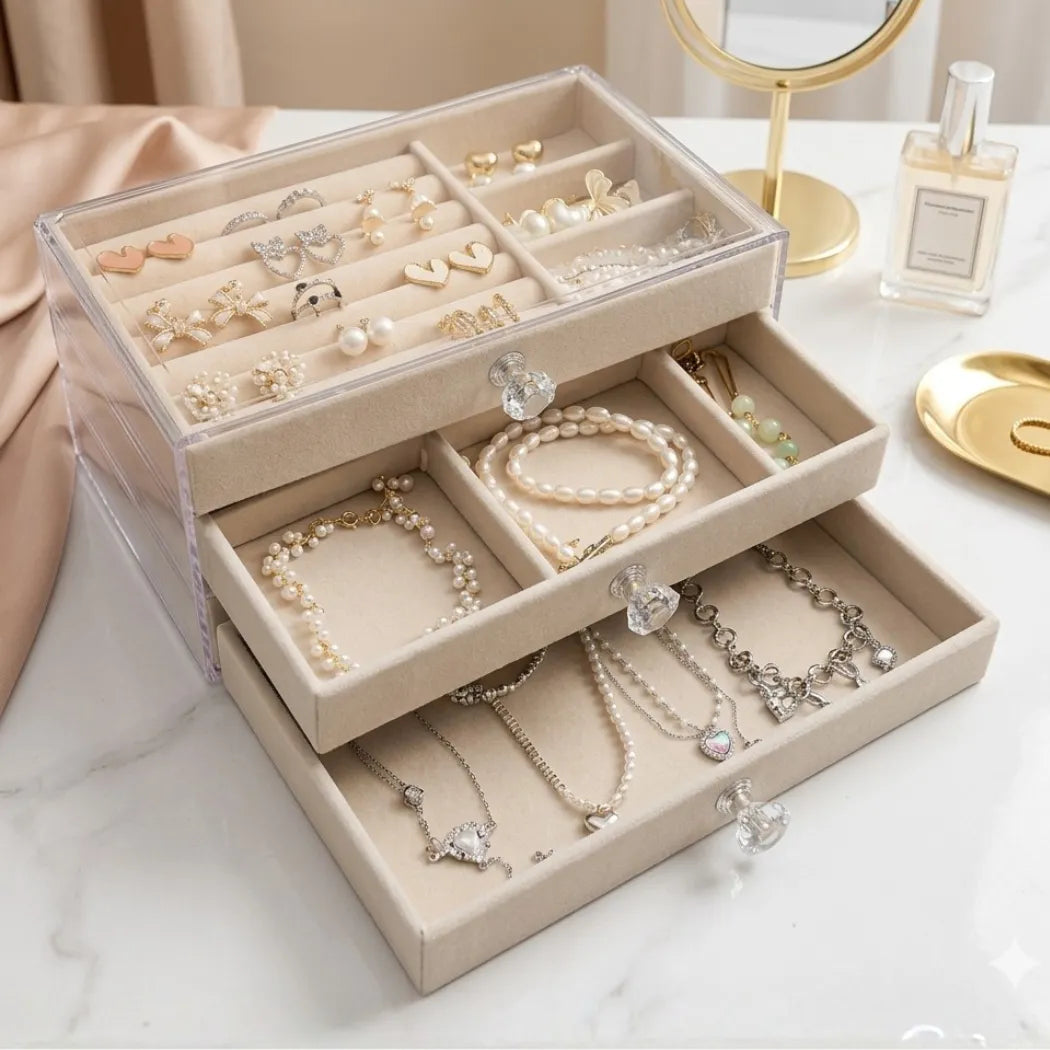 CrystalBox® – Organizador de Joias Premium com 3 Camadas (Protege, Organiza e Valoriza suas Peças) – Frete Grátis!