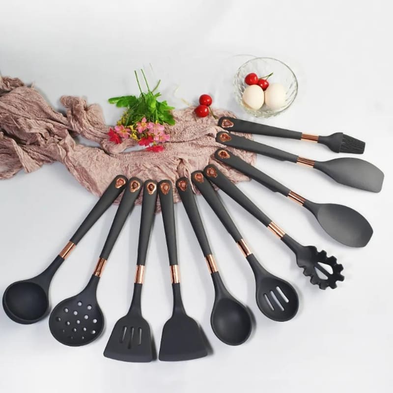 Kit Utensílios de Cozinha Silicone 10 Peças Com Organizador Rosé Elegance Home