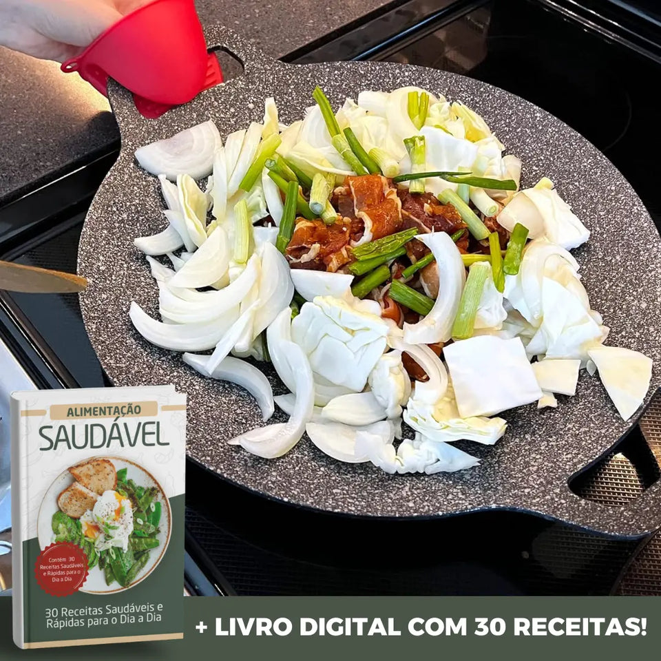 CookFlex™ – Frigideira de Pedra Vulcânica Antiaderente + Livro Digital com 30 Receitas Saudáveis e Rápidas para o Dia a Dia!